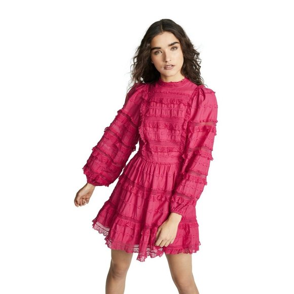 NEW $695Embroidered Ulla Johnson Amour ruffle pink long sleeve shirt dress